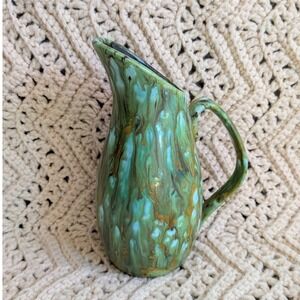 Vintage Drip Glaze Ceramic Pitcher Green Blue Brown Mid Century Modern Vase 7in